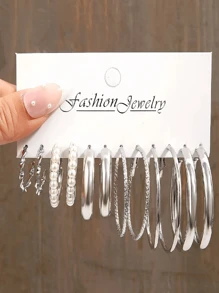 12pcs Retro Punk Style Geometric Square C-Shaped Hoop Earrings Set, Bohemian Faux Pearl Big Circle Earrings, Casual Daily Accessories, Ideal Gift For Women