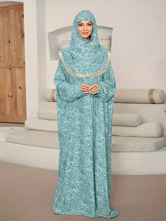 传统索马里女士花卉连帽祈祷长袍，优雅舒适的印花连衣裙