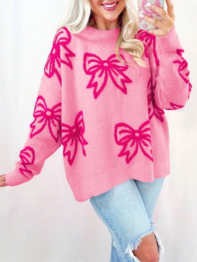 Acelitt Różowy wełniany żakardowy wzór kokardy okrągły dekolt na ramionach długi rękaw sweter walentynkowy