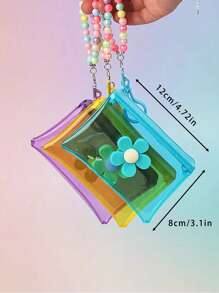 1pc Fashionable Transparent PVC Coin Purse With Floral Beaded Chain - Girl's Portable Key And Travel Wallet (Bead Color Random)