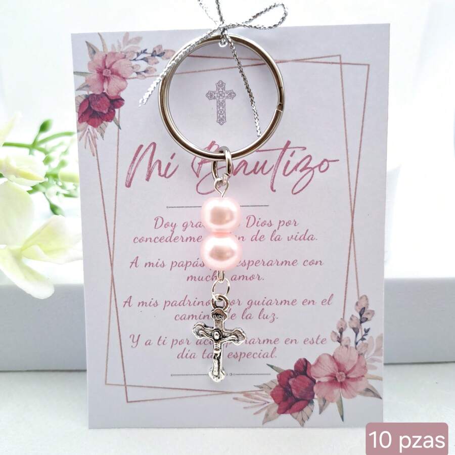 Llaveros de perlas para bautizo recuerdos para obsequiar - ROSA 10 PIEZAS - Ver 1