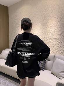 女士休闲圆领字母印花宽松可爱长袖套头 T 恤，秋冬