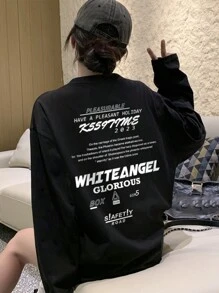 女士休闲圆领字母印花宽松可爱长袖套头 T 恤，秋冬