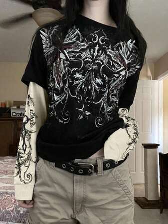 Y2K 时尚图案印花和撞色拼接 2 合 1 T 恤