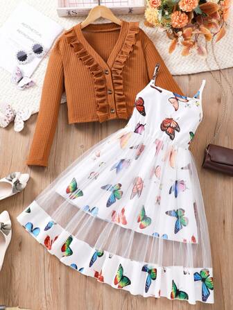 Tween Girls 荷叶边纯色夹克和网眼撞色吊带裙 2 件套，时尚日常穿着，春/秋