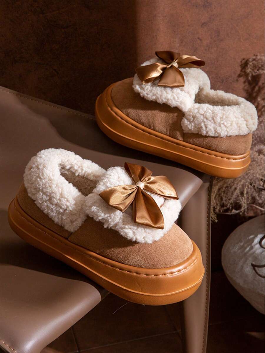 Dép giữ nhiệt cổ điển nơ cho nữ, dép sandal đế dày ấm áp cho mùa đông trong nhà/ngoài trời - màu nâu - Xem 1