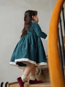 秋季女童天鹅绒拼色蕾丝边领连衣裙圣诞节新年生日派对公主裙 - 墨綠色 - 查看 2
