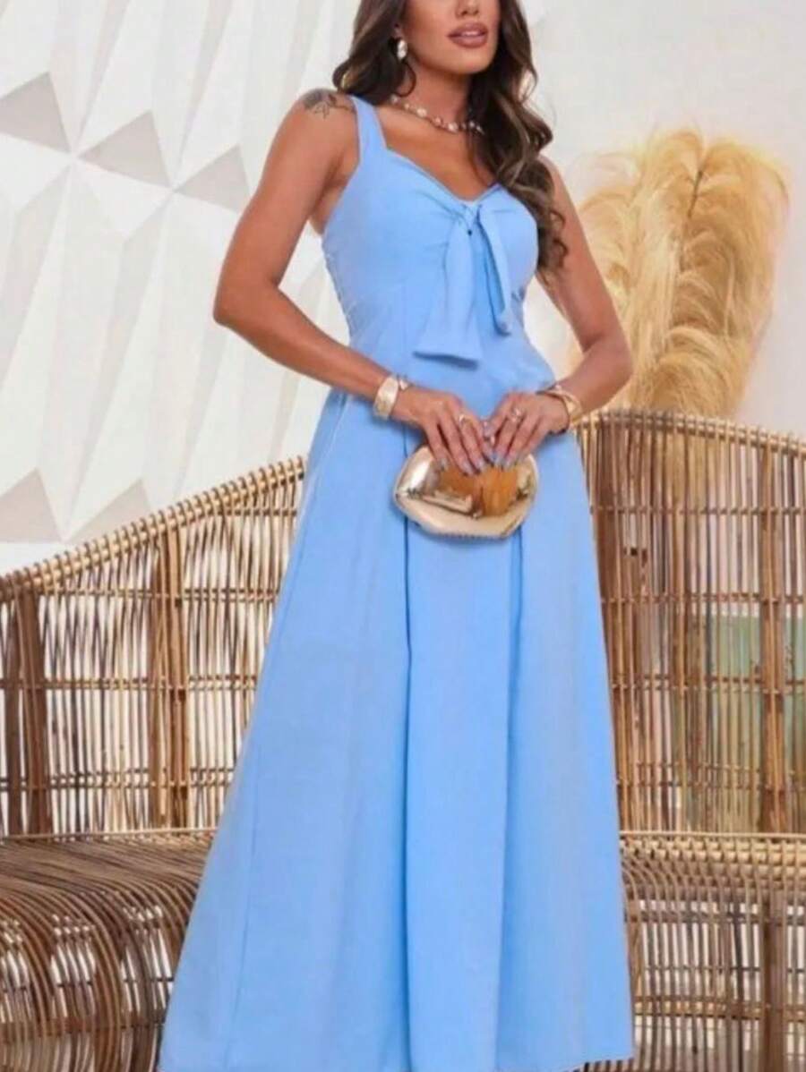 TRICOZHU SLEEVELESS SUMMER DRESS PLAIN PRINT Party Women's Long Evangelical Fashion Wedding Godmother - 淺藍色 - 查看 1