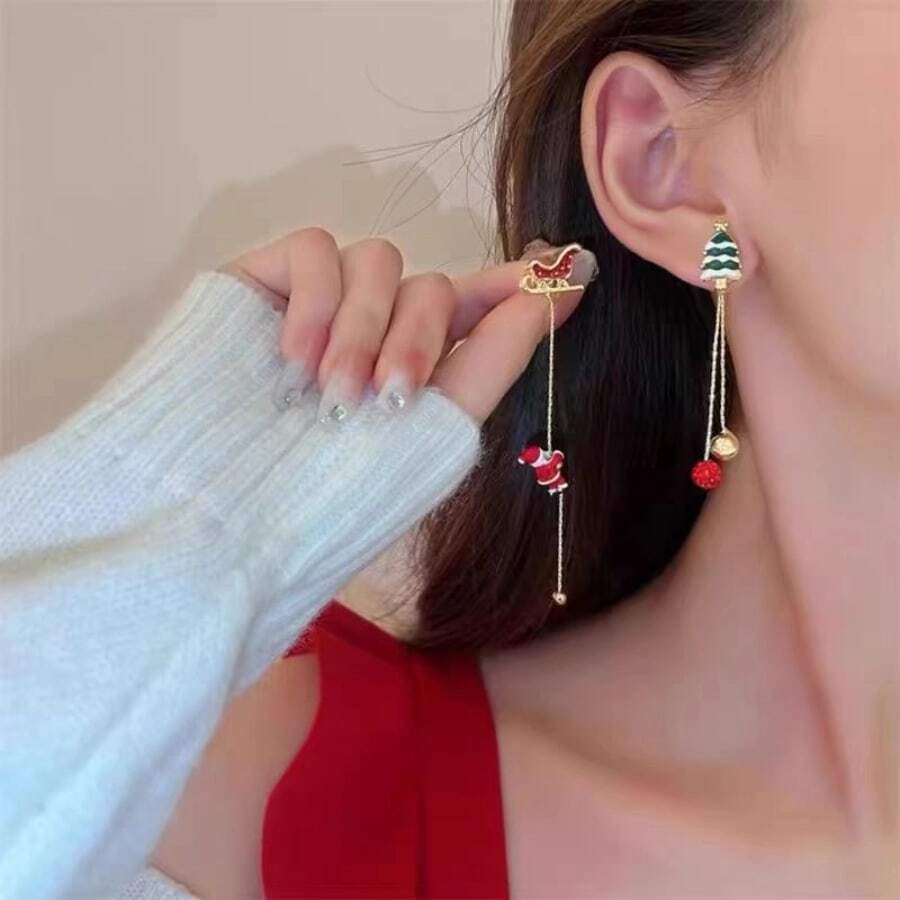 2 chiếc phong cách thanh lịch và đáng yêu, thiết kế ông già Noel leo núi Giáng sinh, hoa tai tua rua dài bất đối xứng độc đáo đầy màu sắc, thích hợp cho ngày lễ tình nhân, năm mới, tất cả các ngày lễ và tiệc tùng phụ kiện thời trang, quà tặng sáng tạo - Nhiều màu - Xem 1
