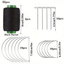 32pcs/21pcs Professional Wig Sewing Needle And Thread Set, C-Shaped Curved Needles & T-Shaped Wig Clips, With 2pcs/1pc Spool Of Sewing Thread, For Wig Making, Wig Repairing, Wig DIY Handmade Hair Extension - Black - View 3