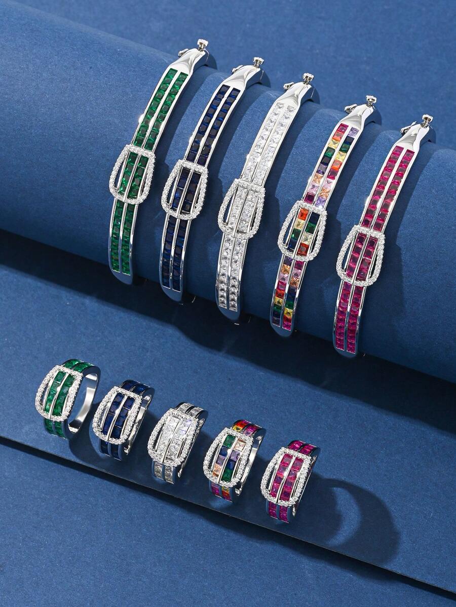 1pc Elegant Bracelet/Ring Set With Fashionable Buckle Design, Sparkling Zirconia Stones, Platinum Plated, Suitable For Evening Gowns, Parties, Holidays, Anniversaries, Birthdays, Employee Rewards, And Daily Wear - Bracelet Set - View 1