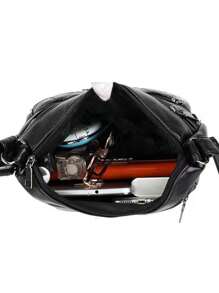 新款多功能中年女性手提包、妈妈包、婆婆包，柔软皮革质感单肩斜挎包 - 黑色 - 查看 6