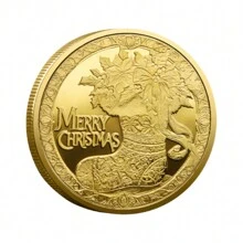 圣诞老人举着“圣诞快乐，新年快乐”的旗帜。姜饼人拥抱，圣诞袜，挑战币 - 金色 - 查看 5