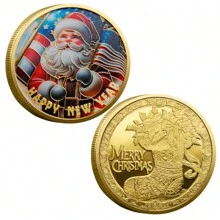 圣诞老人举着“圣诞快乐，新年快乐”的旗帜。姜饼人拥抱，圣诞袜，挑战币 - 金色 - 查看 8