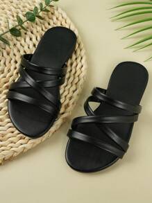 儿童时尚休闲户外编织带平底防滑简约可爱凉鞋、儿童沙滩和浴室拖鞋