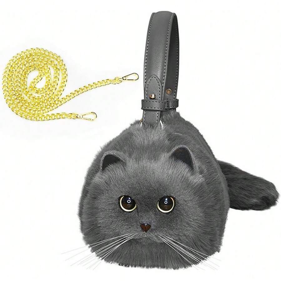 HUIJUFU Realistic Puffy Plush Cat - Shaped Cross - Body Handbag For Women - 藍貓 - 查看 1