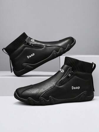 大码男士休闲运动鞋，新款，中帮，侧拉链设计，无鞋带，舒适平底，防滑，耐磨PU皮革鞋面，防水，防尘，简约字母印花，年轻男士百搭休闲鞋，时尚户外个性街头风格，适合派对，工作，劳保