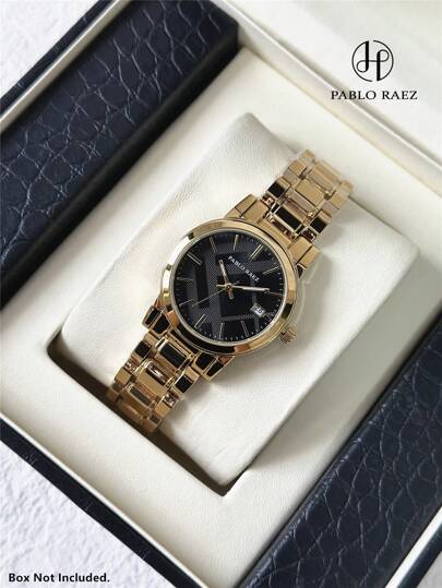 Pablo Raez 1 件 18K 女士手表女式奢华正装手表不锈钢 IPG 镀层顶级全新黑金色高级时尚格纹图案设计石英钟带日期商务办公女士夜光指针