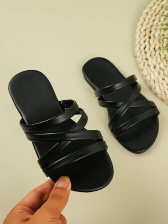 儿童时尚休闲户外编织带平底防滑简约可爱凉鞋、儿童沙滩和浴室拖鞋