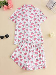 2pcs Casual Cartoon Print Short Sleeve Women Pajamas, Collared Button Short Sleeve Top And Loose Comfortable Shorts, Elegant Ladies Sleepwear And Loungewear,Two Pieces Set