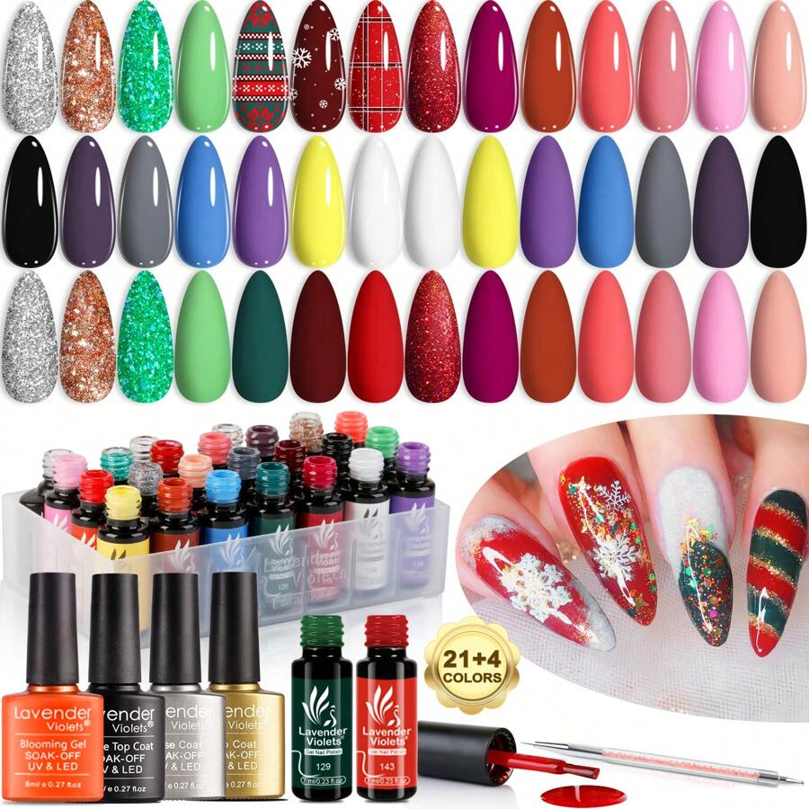 25 Stück Weihnachten Gel-Nagellack-Set Lavender Violets® UV LED Einweichen Grundierung, glänzende und matte Deckschicht Winter Klassisch Weiß Rosa Rot Neon Gelb Lila Grau Schwarz Blau Grün Holiday Nail Art