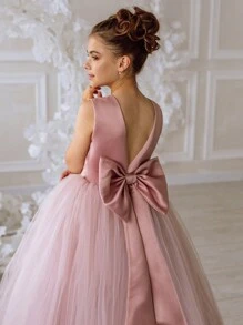 少女 V 领派对礼服，带蝴蝶结装饰，适合情人节派对、生日庆祝、花童、伴娘礼服、正式场合、婚礼、舞会 - 藕粉色 - 查看 5