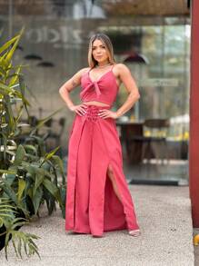 Women's Set Of Front Slit Palazzo Pants And Linen Tie-Up Crop Top - 珊瑚粉 - 查看 2