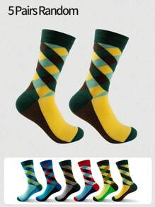 5 Pairs/Set Men's Plus Size Mid-Calf Socks, Geometric Pattern Business Casual Socks, Soft & Comfortable, Suitable For Business, Party, Sports, Holidays, Daily Life. Color Sent At Random, Fall