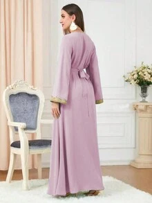 Women's Multi-Color Embroidery Applique V-Neck Long Sleeve Dress, Modest Kaftan - Baby Pink - View 2