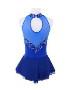 女式花样滑冰比赛海军蓝无袖水钻网眼水钻时尚滑冰服 - 寶藍色 - 查看 3