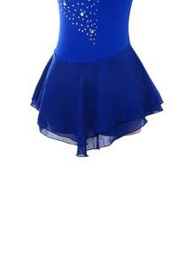 女式花样滑冰比赛海军蓝无袖水钻网眼水钻时尚滑冰服 - 寶藍色 - 查看 6