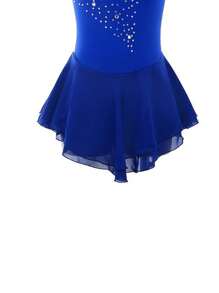 女式花样滑冰比赛海军蓝无袖水钻网眼水钻时尚滑冰服 - 寶藍色 - 查看 4