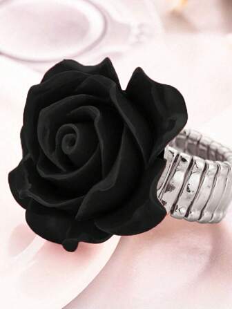 1pc Minimalist Black Rose Flower Jewelry Ring, Bridal/Wedding Accessories, New Year And Valentine's Day Gift Valentines,Mom,Mother,Mother's Day,Gift