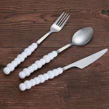 3 à 30 pièces Ensemble de couverts de luxe en acier inoxydable avec poignée en perle d'imitation céramique, couverts créatifs pour un style de repas occidental