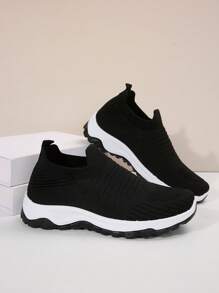 Tênis casuais femininos de cor sólida, calçados esportivos leves e de sola macia, calçados fitness respiráveis de cano baixo - Preto - Ver 7