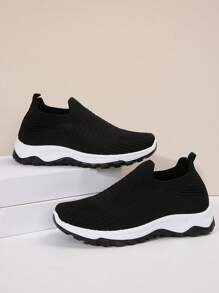 Tênis casuais femininos de cor sólida, calçados esportivos leves e de sola macia, calçados fitness respiráveis de cano baixo - Preto - Ver 6