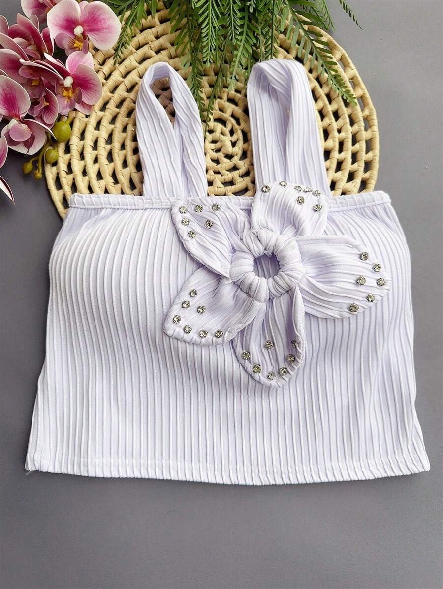 3D Ribbed Crop Top With Padding - White - View 1