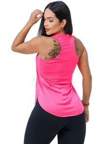 Regata Feminina Costa Nadadora Alongada Tapa Bumbum Para Treino Tecido Leve DryFit Colorida Academia Esportes - Pink - Visão 3