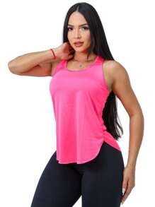 Regata Feminina Costa Nadadora Alongada Tapa Bumbum Para Treino Tecido Leve DryFit Colorida Academia Esportes - Pink - Visão 1