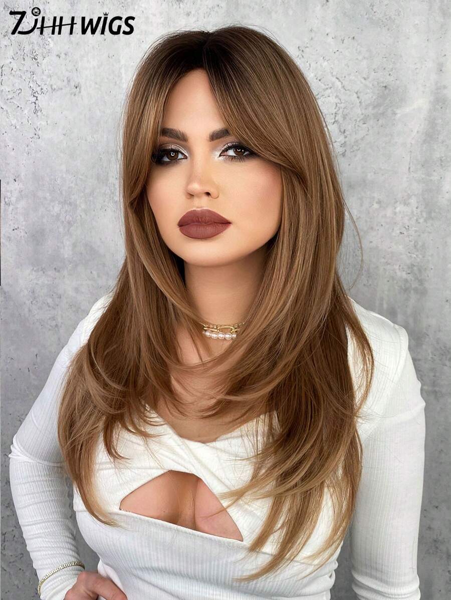 7JHH WIGS Ombre Brown Layered Wig For Women Long Straight Wigs With Curtain Bangs Synthetic High Density Heat Resistant Fiber Hair Wig For Daily Party Use 24 Inch - Rust Brown - View 1