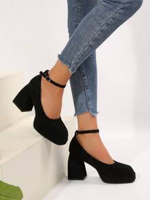 女士秋冬时尚黑色粗跟高跟方头踝带高跟鞋 9 厘米优雅个性化礼服踝带高跟鞋派对 - 黑色 - 查看 5