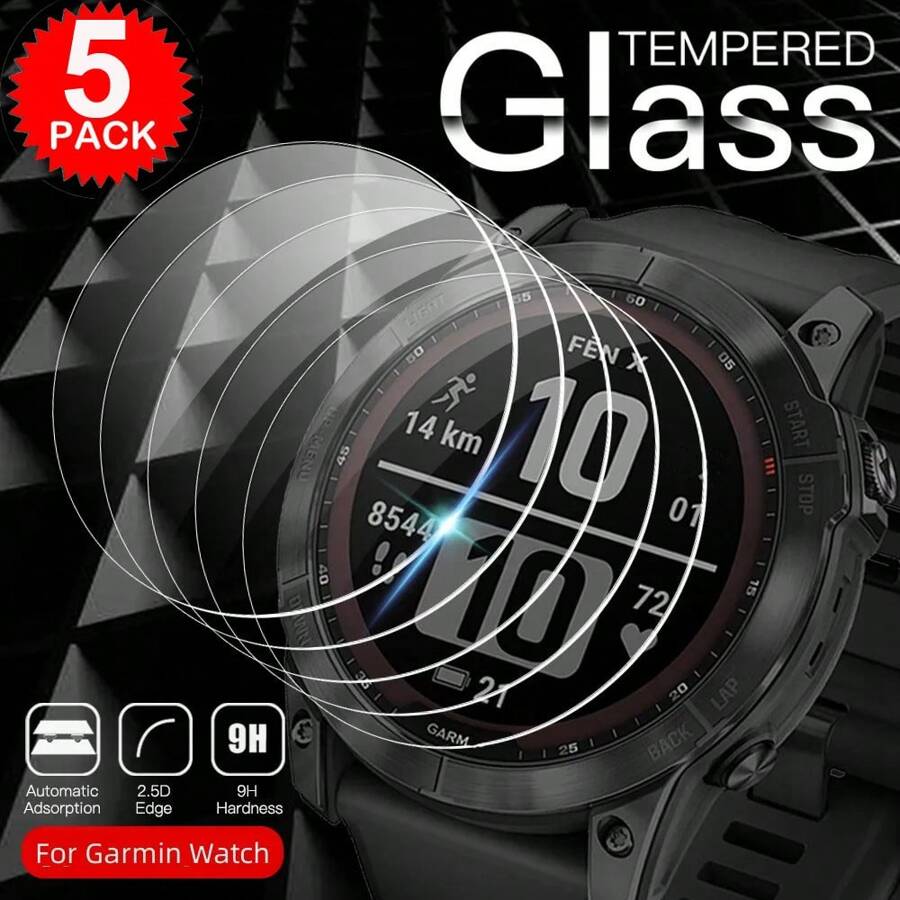 5pcs Tempered Glass Screen Protector, Compatible With Fenix 8 Pro 7 7S 7X Pro 6 6S 6X Pro AMOLED Solar, Compatible With Galaxy Watch Ultra 2025 Watch8 Classic Watch7 Watch6 Watch5 Pro Watch4, And Forerunner 965 955 945 745 235 245 255 158 45 55, Anti-Scratch High Definition Transparent Protective Film, Suitable For Instinct 2X 3