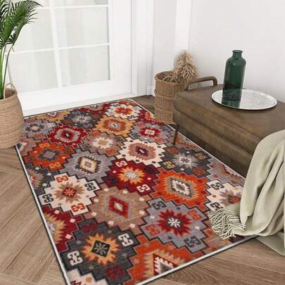 1pc Short Velvet Ultra-Thin Washable Area Rug, Retro Retro Bohemian Style Carpet, American Entrance Floor Mat, Dirt-Resistant Easy To Clean Machine Washable, Suitable For Entryway, Kitchen And Other Areas