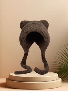 1 件毛绒可爱熊针织连帽衫，适合年轻女性，休闲卡通熊街头风格护耳冬帽，适合户外活动和派对