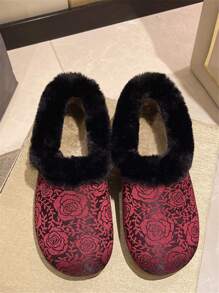 Dép đi trong nhà lót nhiệt mũi kín dành cho nữ, đế mềm chống trượt in hoa, giày đi trong nhà ấm áp cho người trung niên và người cao tuổi, mùa đông - Màu Đỏ Sâu - Xem 6