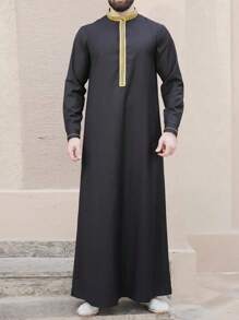 Traditional Embroidered Collar Long Robe For Men, Casual Nationality Arabic Style Long Sleeve Robe - Black - View 1