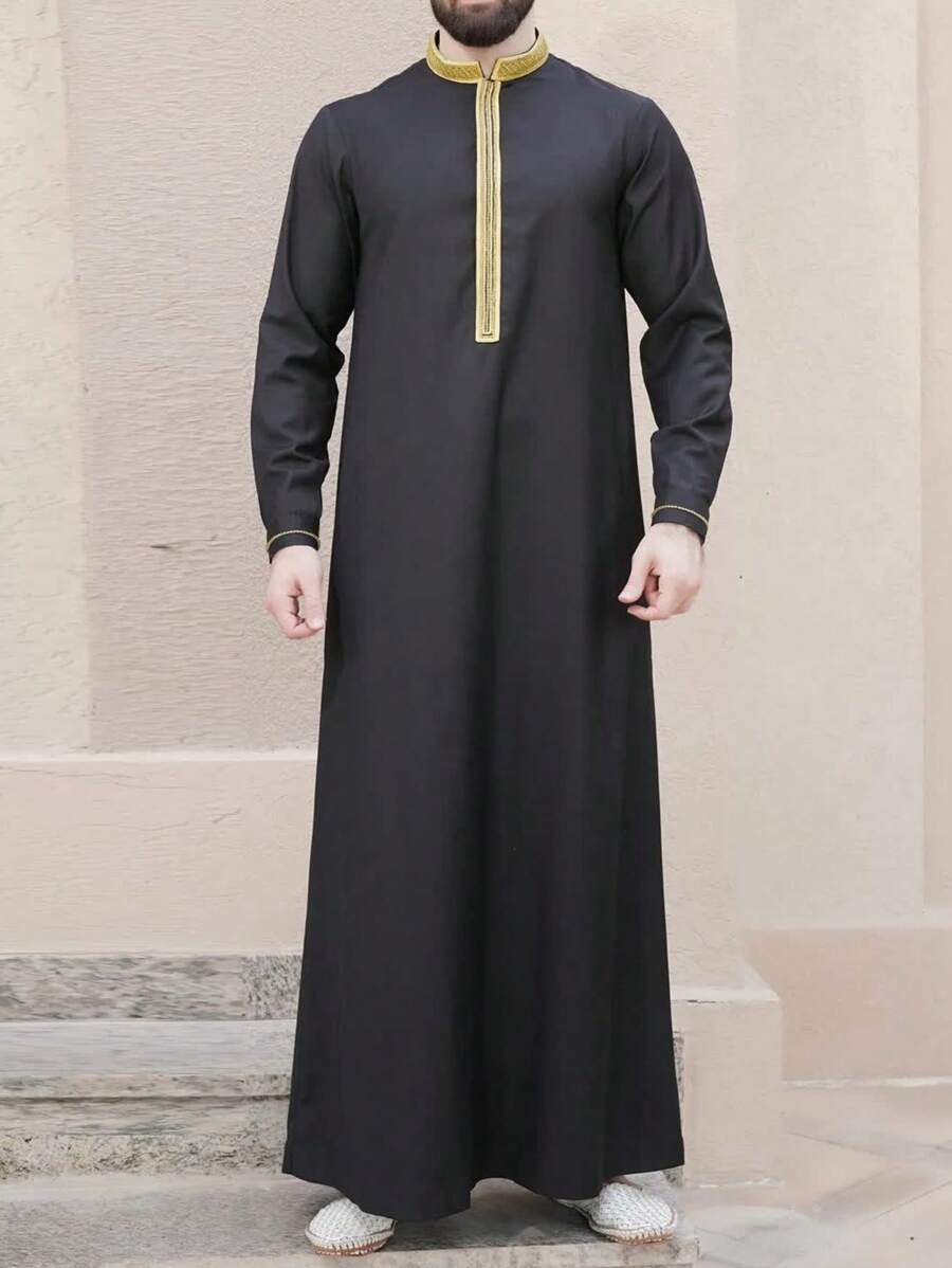Traditional Embroidered Collar Long Robe For Men, Casual Nationality Arabic Style Long Sleeve Robe - Black - View 1