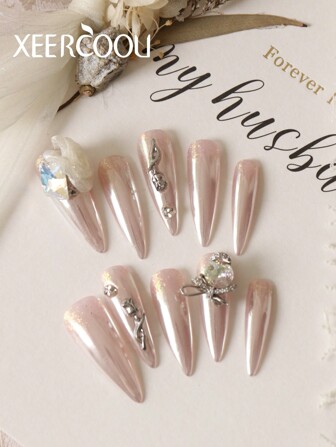10pcs Press On Nails Long Nail Pink Aurora Shining And Sparkling Wedding Explosive Flash Rose Heavy Industry Water Droplet Shape Pure Handmade Production Nails Long Nails Press On Nails Set Includes 1sheet Adhesive Tabs &1 Pc Mini File