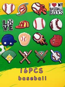 16 件足球运动鞋装饰，PVC 鳄鱼饰物，适合木屐凉鞋腕带，适合男士女士成人儿童女孩男孩青少年派对的礼物 - 16件棒球 - 查看 11