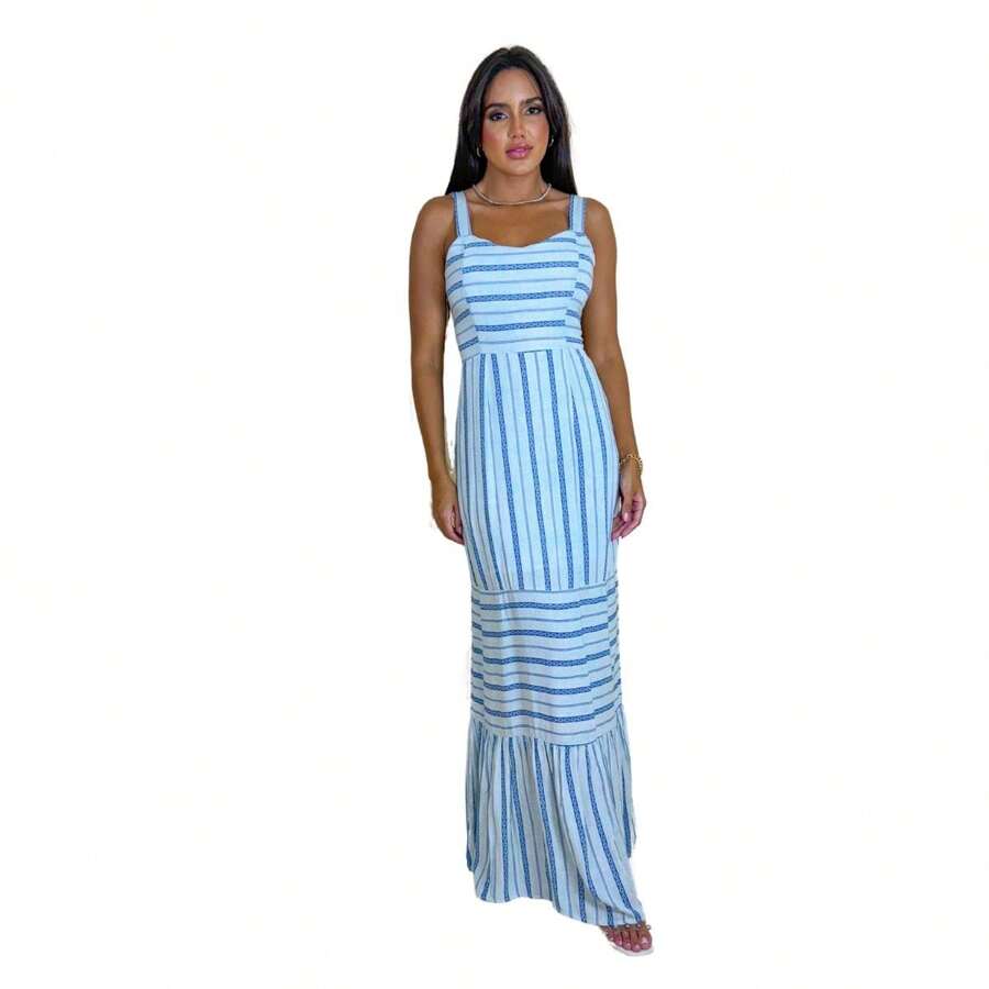 Women's Long Dress In VISCOSE, With Ruffles At The Hem, Zipper At The Back, Comfortable, Casual - 藍色 - 查看 1